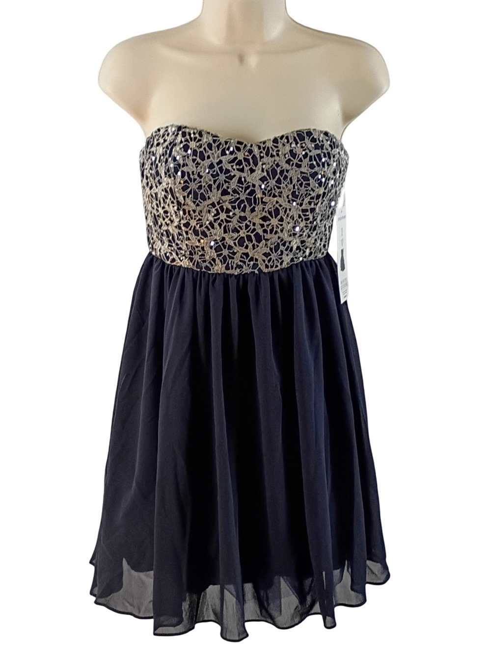 Minuet  Strapless Navy Dress with Embellished Bodice